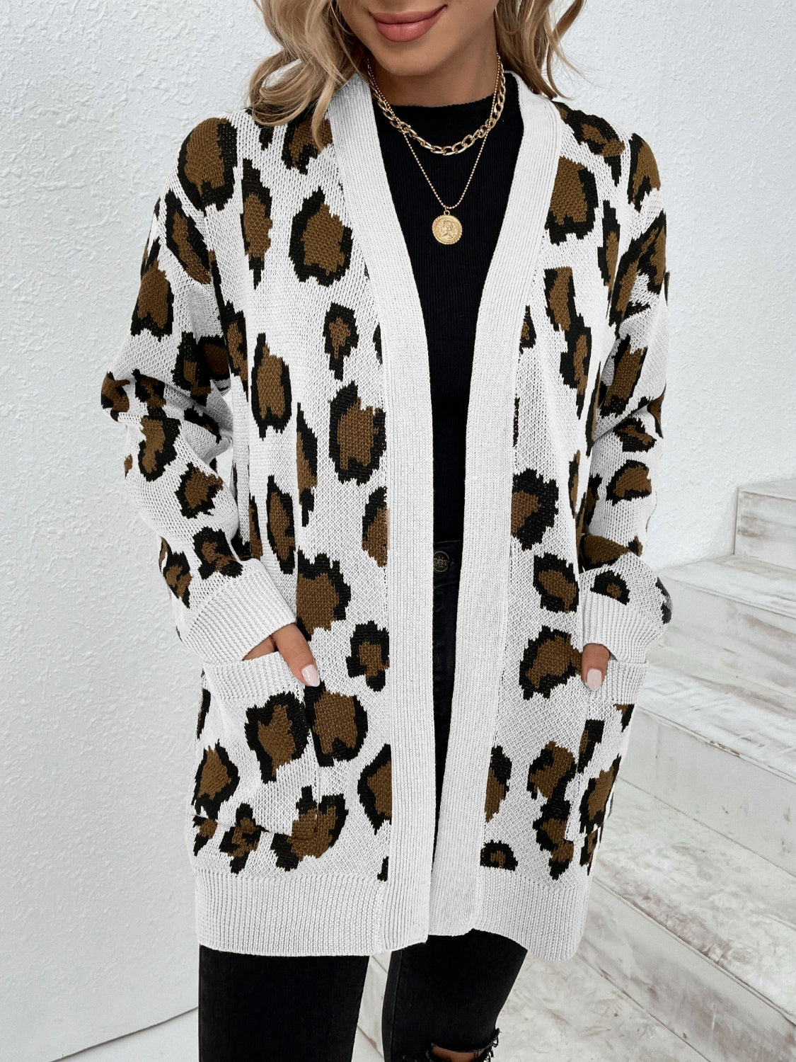 Leopard Open Front Dropped Shoulder Cardigan