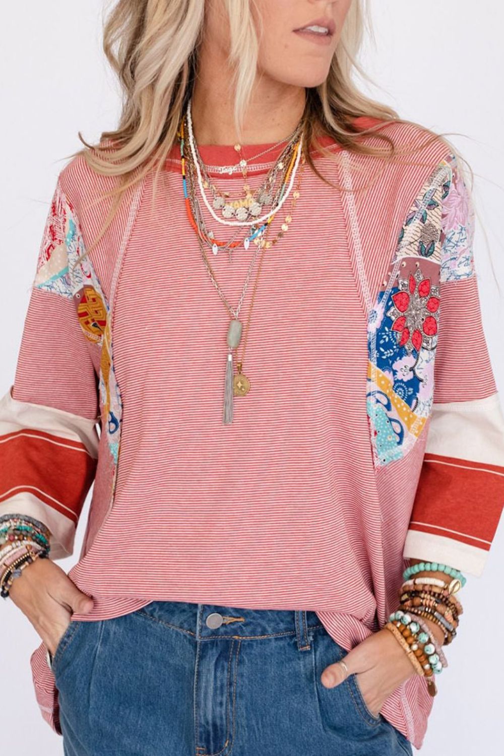 Striped Floral Patchwork Round Neck Top