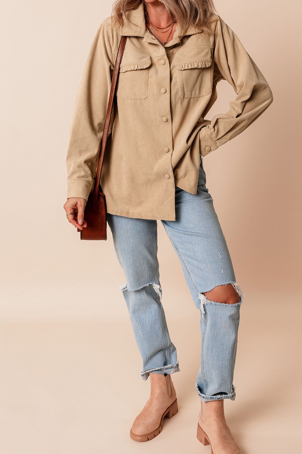 Frill Button Up Long Sleeve Shacket