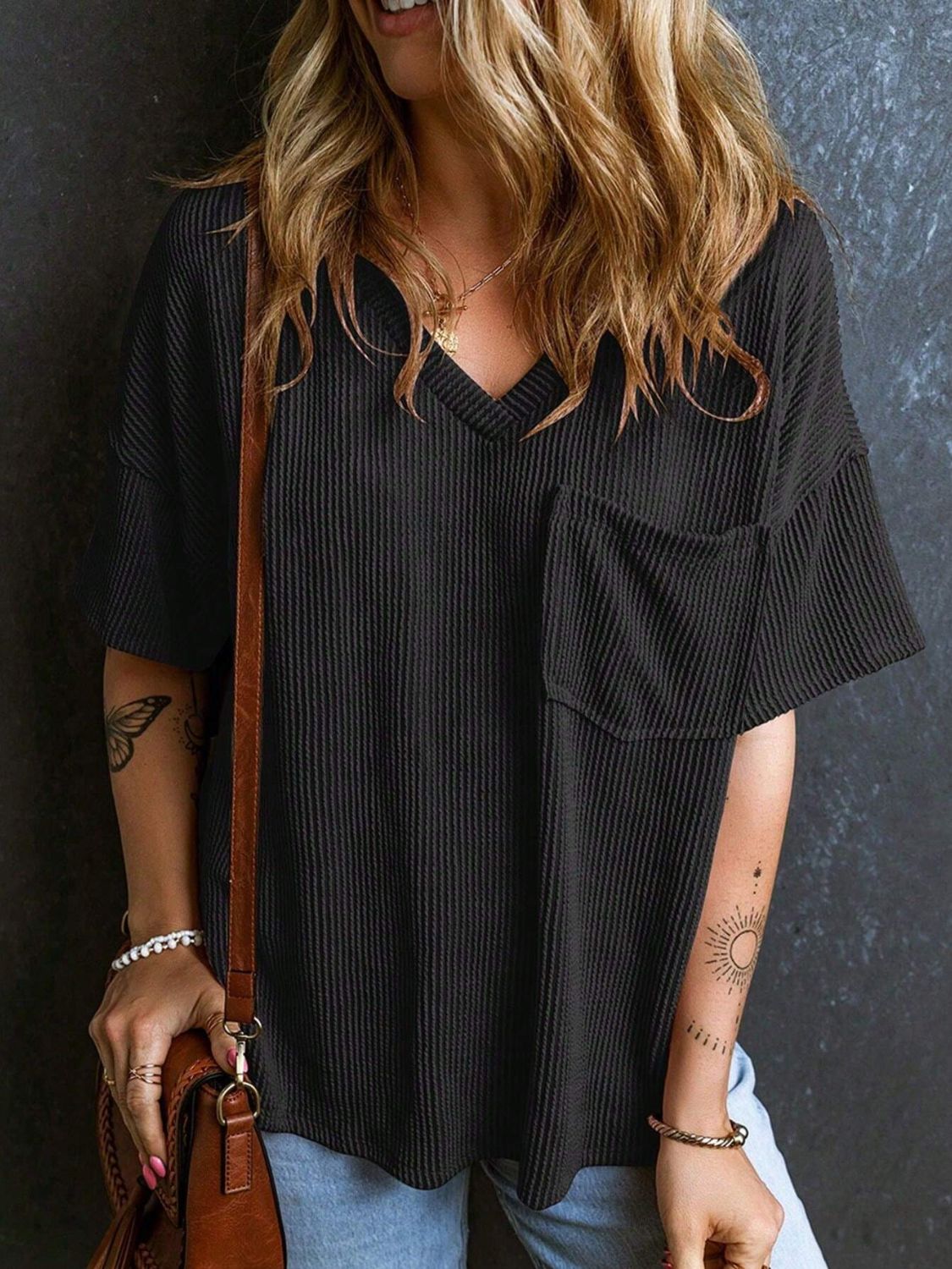 Textured V-Neck Half Sleeve T-Shirt