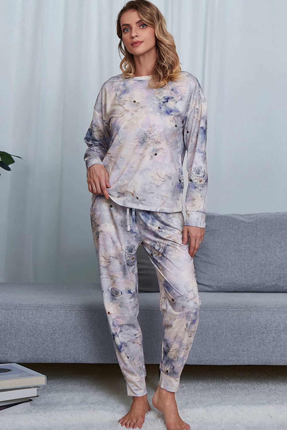 Shiny Tie-Dye Crewneck Top and Drawstring Waist Joggers Lounge Set