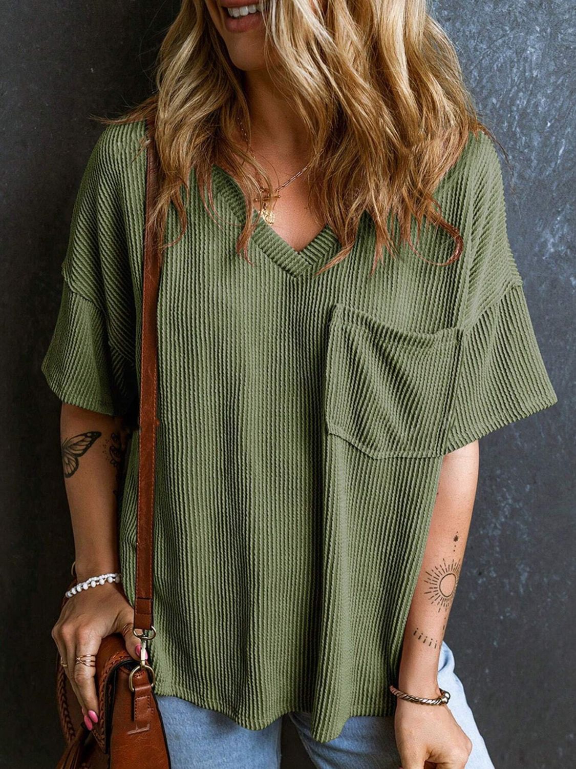 Textured V-Neck Half Sleeve T-Shirt