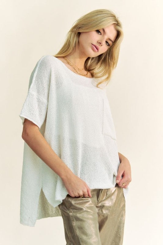 Davi & Dani Side Slit Round Neck Half Sleeve Knit Top