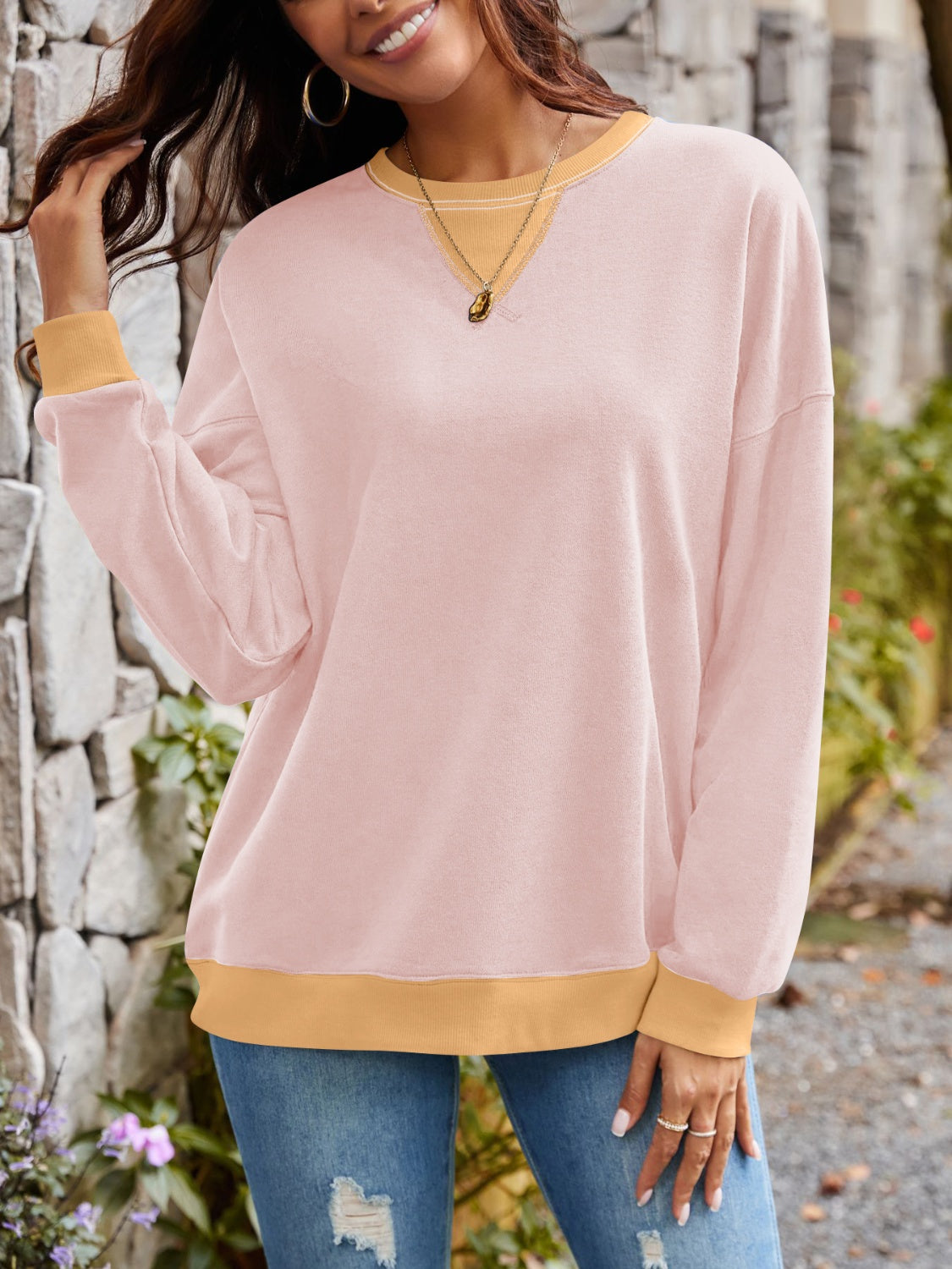 Lovelet Contrast Round Neck Long Sleeve Sweatshirt