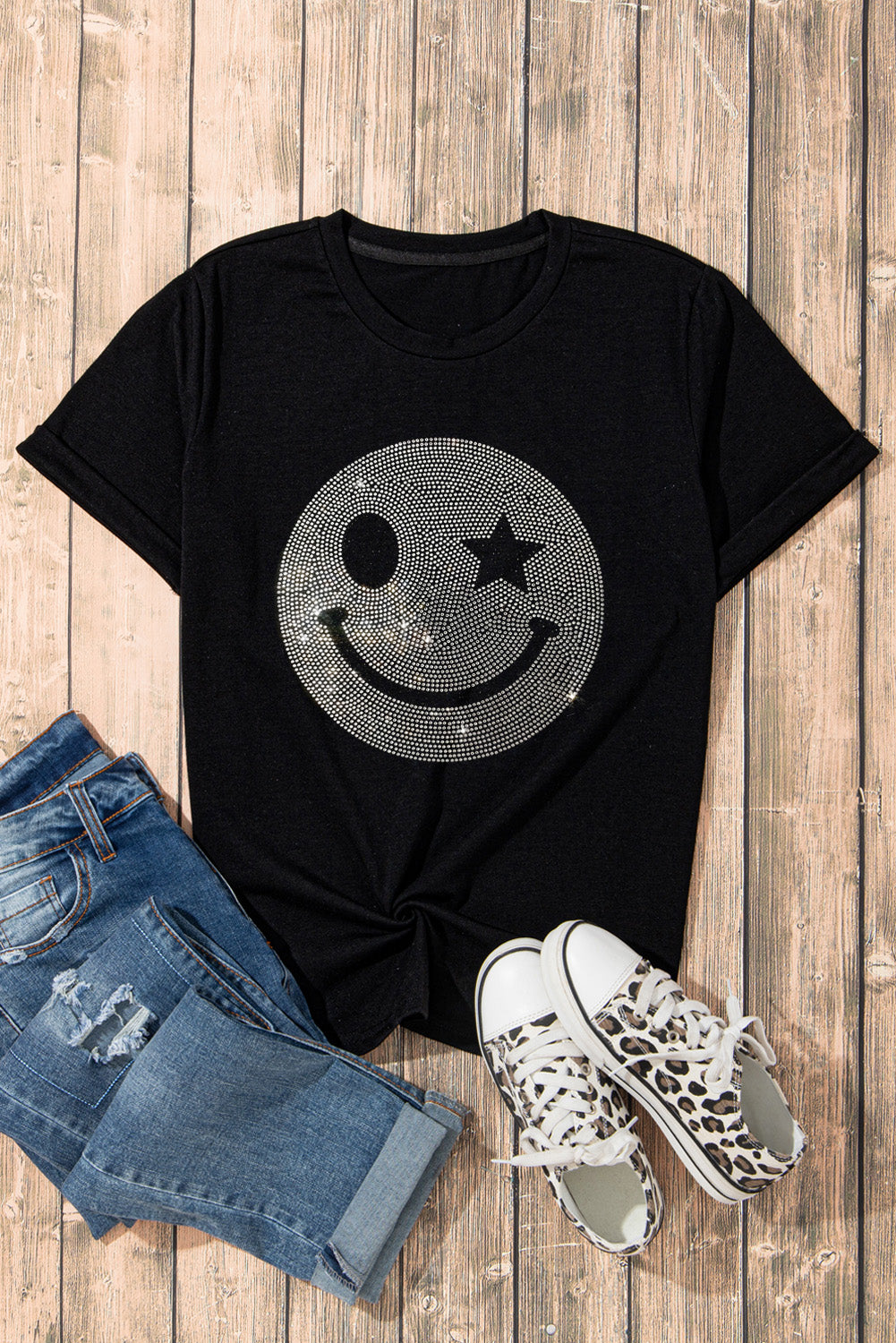 Rhinestone Smiley Round Neck Short Sleeve T-Shirt