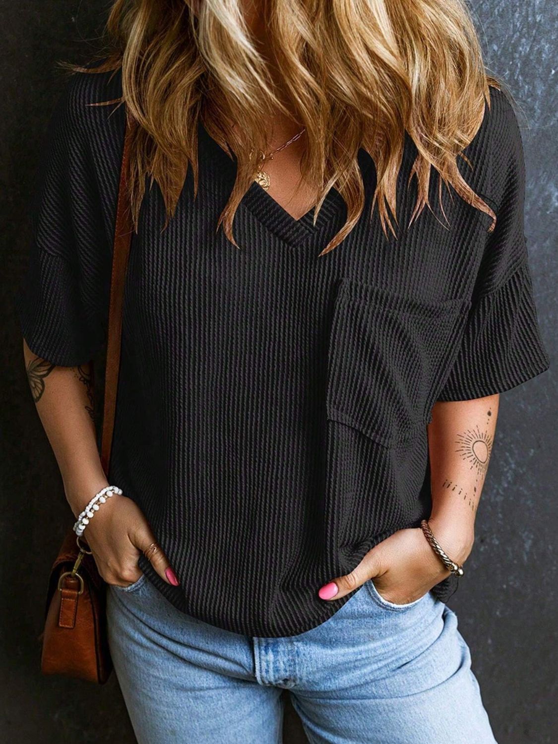 Textured V-Neck Half Sleeve T-Shirt